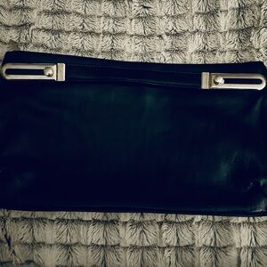 Dark Navy Blue Convertible Vintage Leather Clutch with Silver Accents